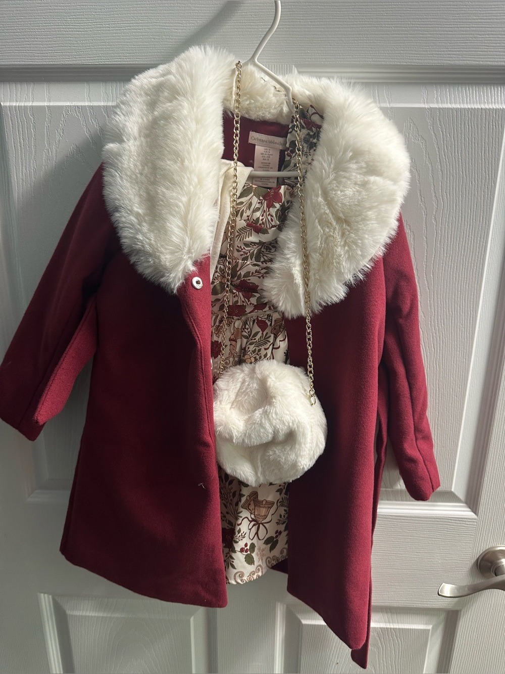 Catherine Malandrino Girls' Burgundy Coat with White Faux Fur Trim